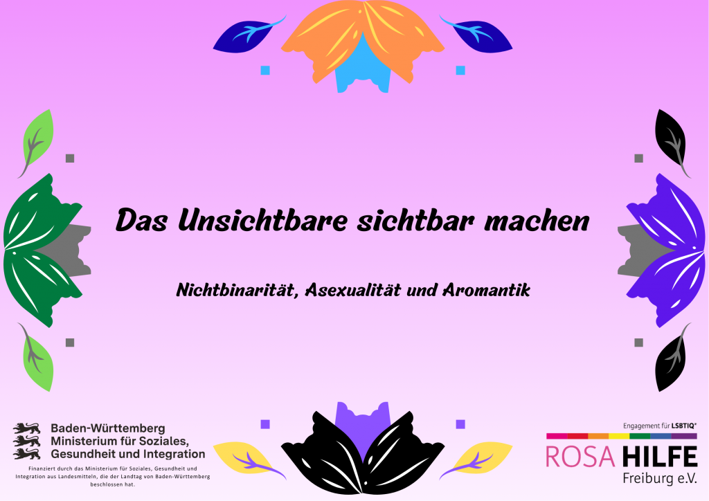 Ankündigungsbild mit dem Text "Das Unsichtbare sichtbar machen". Nichtbinarität, Asexualität und Aromantik.